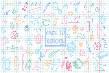 Background of school icons in doodle style. School education. Back to school doodle drawing. Vector illustration
