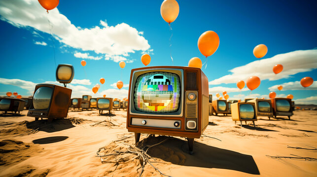 An old TV was disposed of in the desert, surrounded by orange balloons. (Test card Philips PM5544 by ebnz adapted to the shape of a TV screen; licence: https://creativecommons.org/licenses/by/2.5)