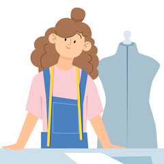 Young flat woman seamstress with mannequin and table for work