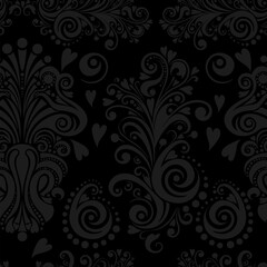 Seamless black background swirls, vintage wallpaper. hand drawing. Not AI, Vector illustration