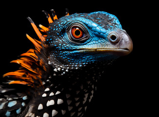Fototapeta premium close up Portrait of a green iguana, perfect skin details, Dark background, nature 