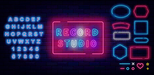 Record studio neon sign. Music on air. Online streaming. Event design. Geometric frames collection. Vector illustration