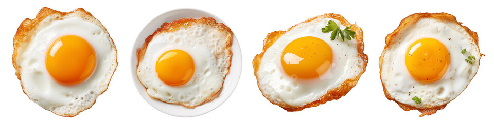 Set of chicken fried eggs cut out on a transparent background in PNG format. Set of fried eggs close-up, top view. Diet healthy breakfast concept. - obrazy, fototapety, plakaty