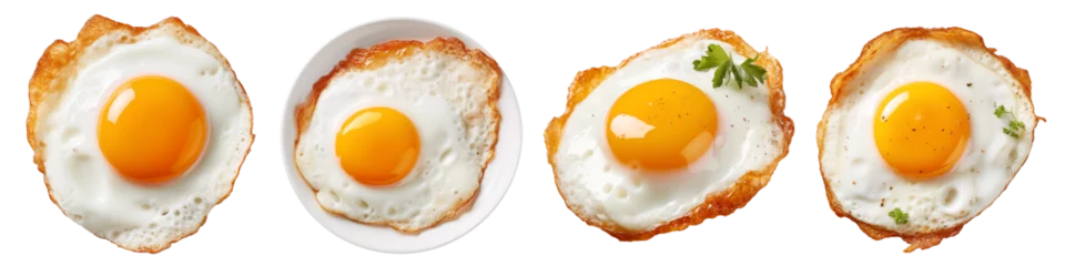 Poster Set of chicken fried eggs cut out on a transparent background in PNG format. Set of fried eggs close-up, top view. Diet healthy breakfast concept. © AGSOL