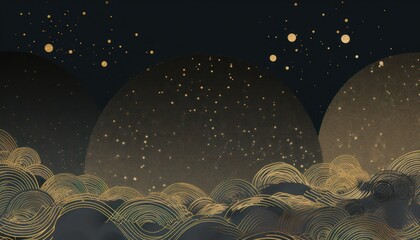 abstract  of  gold and black moon and waves set on a black background, in the style of whimsical   japanes culture   delicate lines, carved surfaces, atmospheric clouds    
