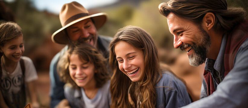 A happy family does something in nature