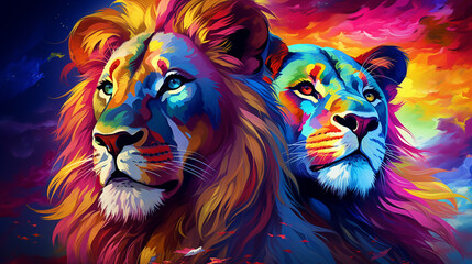 leões coloridos  - obrazy, fototapety, plakaty
