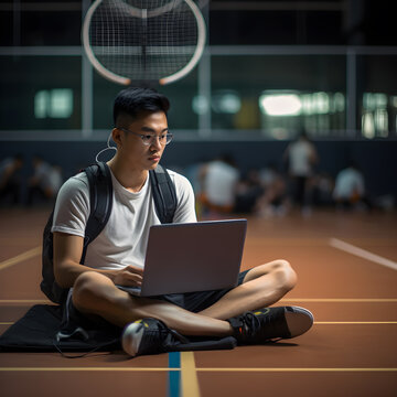 Young indonesian The badminton athlete is wearing earphones and carrying a laptop while studying, seated on the badminton court after practice male, Badminton athlete style