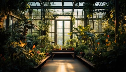 A Lush Oasis of Verdant Greenery in a Vibrant Greenhouse Filled With Abundant Plant Life - obrazy, fototapety, plakaty