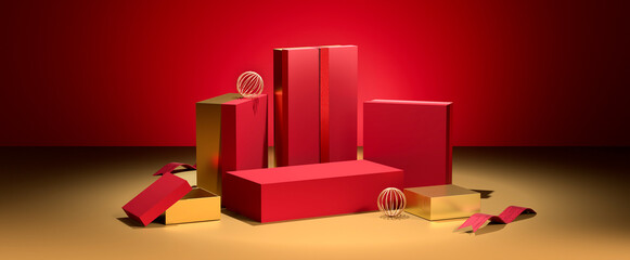 Red stand and red, gold gift box on stage spot light with minimal scene background. 3d rendering.