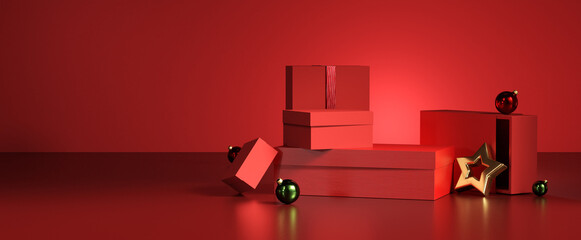 Red stand and Christmas gift box with gold ornament on the minimal scene with red background. 3d rendering.