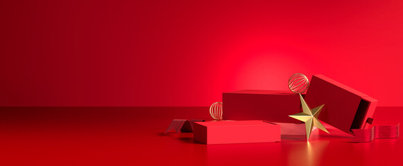 The red minimal scene with a Christmas gift box and gold ornament on a red background. 3d rendering.