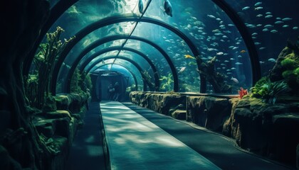 An Enchanting Underwater Tunnel with a Mesmerizing Walkway Leading Into the Depths - obrazy, fototapety, plakaty