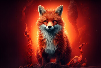 Fox on Red created with Generative AI Technology, ai, generative