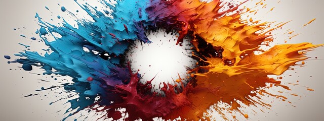 Colorful Explosion: Vibrant Abstract Composition with White Sphere and Paint Splatters