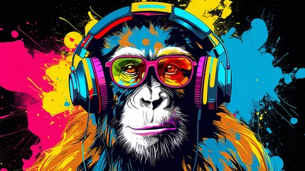 Fotobehang macaco colorido com fones de ouvido  © Alexandre
