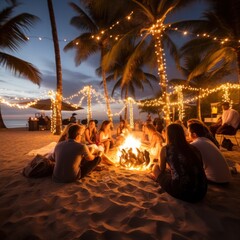A group of people sitting on the sand around a bonfire, with palm trees and light bulb garlands
