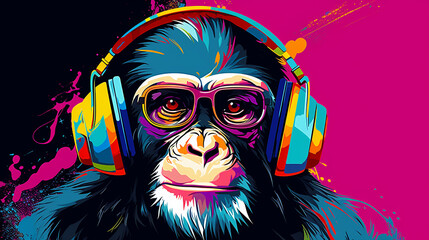 macaco colorido com fones de ouvido 