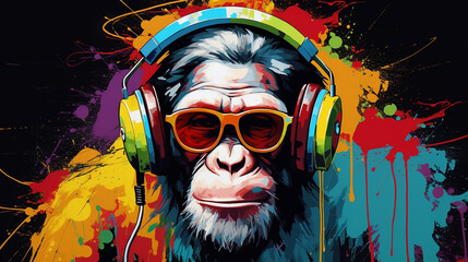 macaco colorido com fones de ouvido  - obrazy, fototapety, plakaty