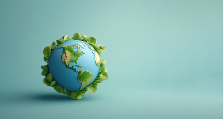 Fototapeta premium An illustration of planet Earth surrounded by green leaves against a pastel blue background.