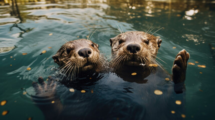 two otter lying in water holding hands, waving