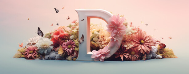 capital letter D Spring card with floral decoration, flowers, spring background, logo
