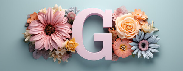 capital letter G Spring card with floral decoration, flowers, spring background, logo