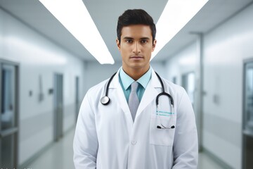 Young latin american doctor with white coat and a stethoscope on his shoulder standing on a hospital corridor