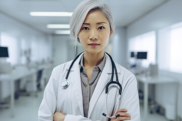 Confident asian woman doctor standing on a illuminated hospital laboratory with lab coat and a stethoscope on his shoulder