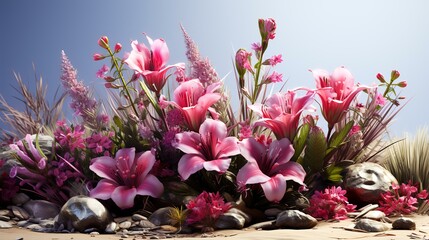Flower bouquet of pink materialist on the sand