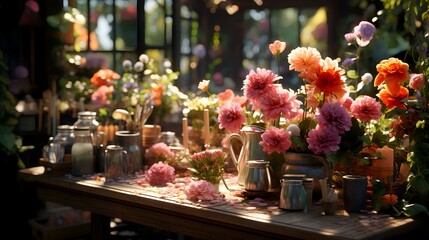 Beautiful bouquet of dahlias in a vase on the table
