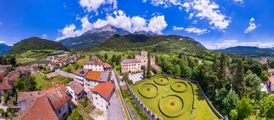 Schilderijen op glas Most scenic medieval castles of Italy - Castel Terlago with beautiful gardens in Trentino region, Trento province. Aerial drone panoramic view © Freesurf