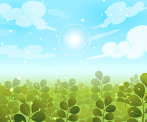 Fototapeta na wymiar Field of plant. Vector green plant and blue sky with sunlight background.