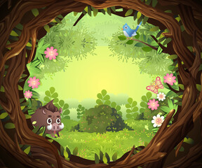 Vector tropical rainforest jungle background with blue bird, butterfly and boar.