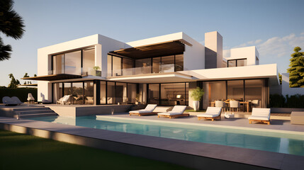 Fototapeta na wymiar Luxurious Contemporary Villa with Swimming Pool at Sunset
