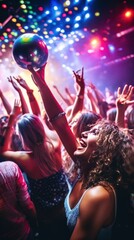 A group of friends dancing together under colorful lights and a disco ball in a crowded nightclub