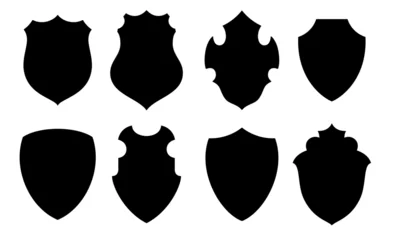 Fotobehang Shield icon, heraldic shields, security black labels logo. Knight award, medieval royal vintage badges design frame isolated vector. Protect silhouette element set shapes . Modern Minimalist Shield  © Art Kovalenco
