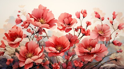 Beautiful floral background with blooming red flowers. Digital painting.
