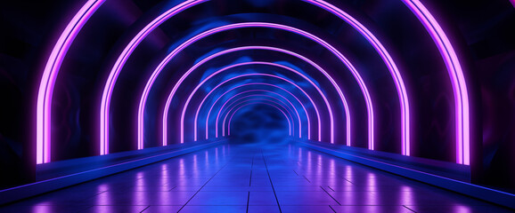 Obraz premium Photorealistic 3d illustration in the style of cyberpunk. Tunnel road with bright neon lights. Beautiful night cityscape. Grunge urban landscape.