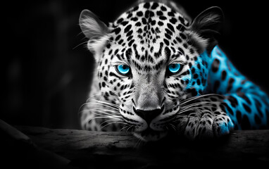 Black and white Wild jaguar in Blue eyes ready to attack, Black background