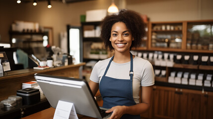 smiling woman barista in apron standing near bar counter