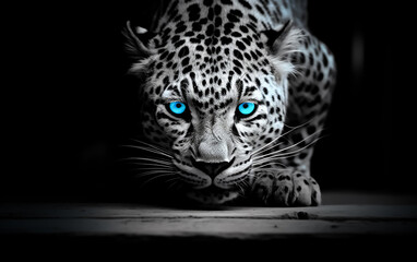 Black and white Wild jaguar in Blue eyes ready to attack, Black background