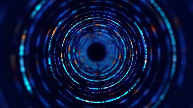 Fototapeta Technology wireframe circle tunnel on dark background. Futuristic 3D wormhole grid. Digital dynamic wave. 3d rendering.