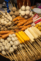  street food with sticks, Thailand street food at night market, Bangkok. 