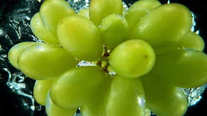 Super slow motion shot of falling green grapes into water, black background, underwater point of view. Filmed on high speed cinematic camera at 1000 fps. - Powered by Adobe