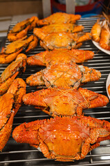 Crabs on display at seafood street restaurant in Thailand, boild crabs