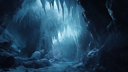 Frosty ice cave with huge icicle around, nature concept - obrazy, fototapety, plakaty