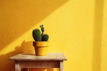 Cactus Plant Basking in the Sunlight Against a Vibrant Yellow Wall