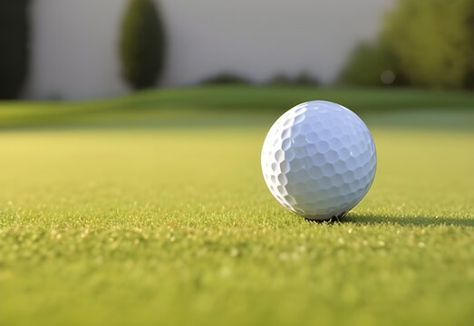 Golf ball on green grass with blur background. The image was created using generative AI.