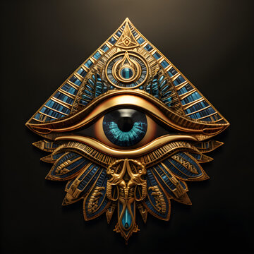The golden eye of Horus with a golden effect on a black background is a representation of the solar eye or the Eye of Ra, which is a symbol of the ancient Egyptian god of the sun,